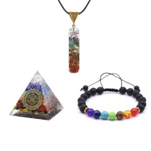 7 Chakra Bijoux suspendus Ensembles de décoration Pendentif bracelet pyramide Cristal Fenêtres Accessoires de voiture Bonne serrure Décorations pour la maison Reik