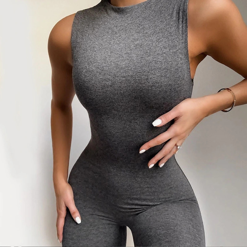 2021 Spring Hot Selling Polyester Workout O Neck Solid Jumpsuits Women High Cut Sleeveless Bodysuits