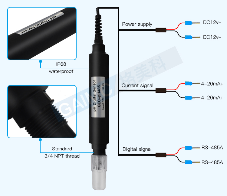 GEC-PH485 DC12V IP68 Vattentät pH-sensor för flod Rs485