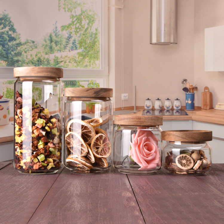 Small 250ml airtight borosilicate glass honey candy storage jar with wood lid