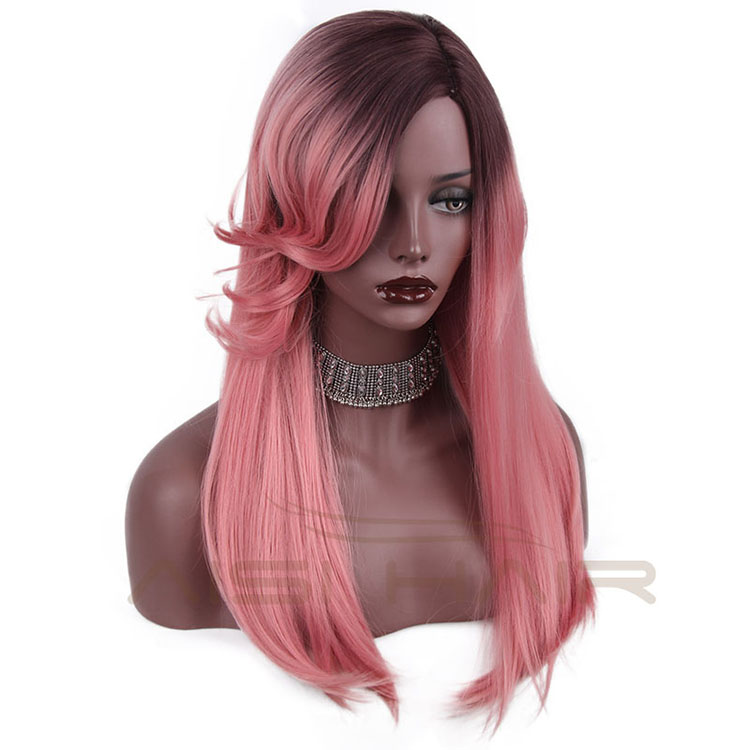 New Style Side Part long Silky Straight Wave Wigs Synthetic Ombre Pink Color Fiber Heat Resistant Wig