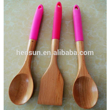 Bulk wood kitchen utensils set colorful silicone handle mixing utensils set