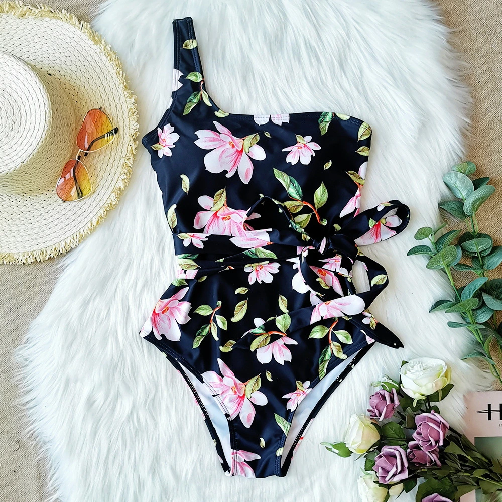 2021 New One-Shoulder Printed Floral One-Piece Swimsuit Strappy Swimsuit Women