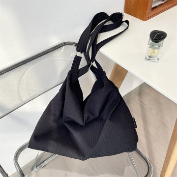 Portable Black Striped Canvas Women Shoulder Tote Bag