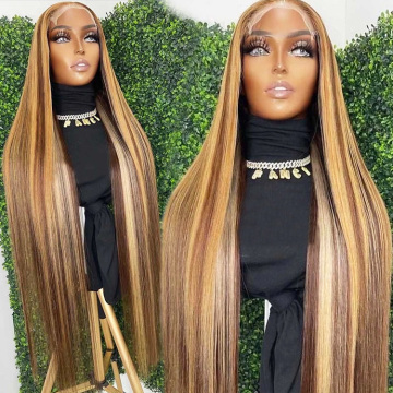 Highlight 1B Honey Brown Color Straight Human Hair Lace Front Wig Virgin Brazilian Hair Highlight Wig Transparent HD Frontal Wig