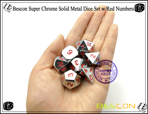 Bescon Super Chrome Solid Metal Dice Set with Red Numbers-4