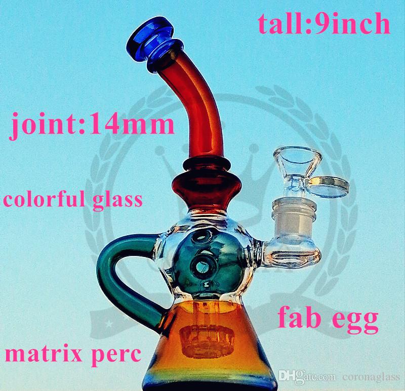 Beaker Bong 9inch color Recycler Pink glass bong matrix fab egg burner oil rig purple green blue black glass water pipes hitman bongs