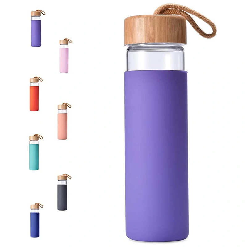 18oz 550ml Silicone Sleeve Borosilicate Glass Water Bottle with Bamboo Lids, Glass Drinking Water Bottle, Glass Water Bottle