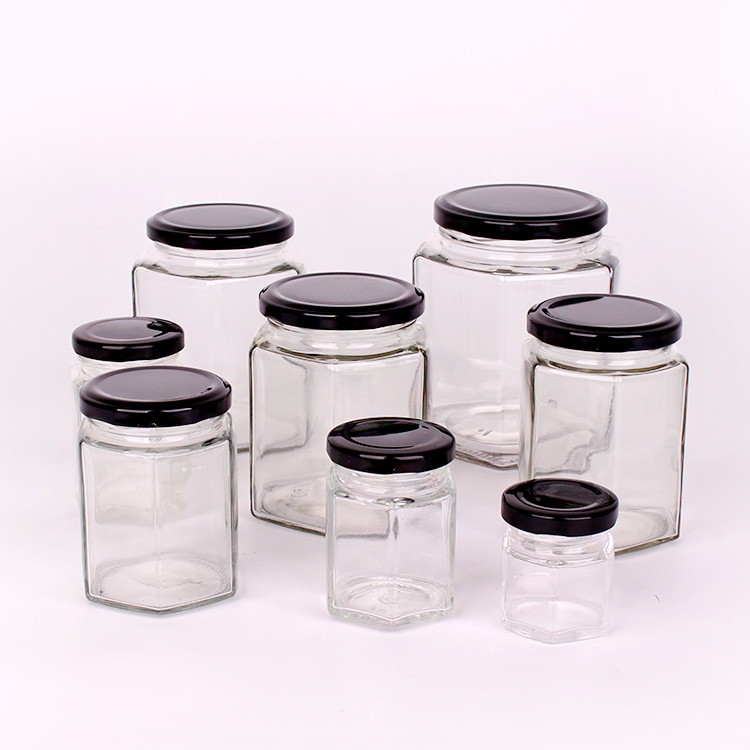 Wholesale Custom hexagonal glass jam jar food glass honey jar with screw cap