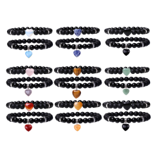 Gemstone Round Beads With Heart Charm Bracelets Black Matte Onyx Stone Stretch Bracelet Natural Stone Crystal Bangle 2PC