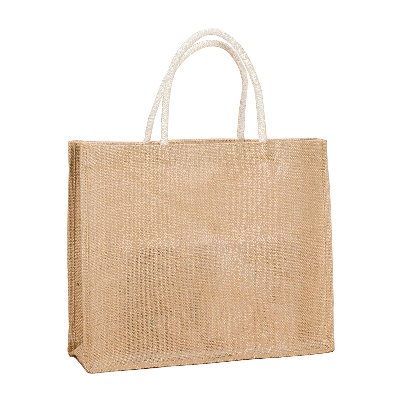 Promotional Custom Logo Silk-Screen Reusable Grocery Burlap Bag Jute Tote Shopping Bag with Cotton Ropes