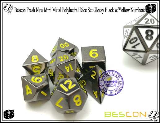 Bescon Fresh New Mini Metal Polyhedral Dice Set Glossy Black with Yellow Numbers-5