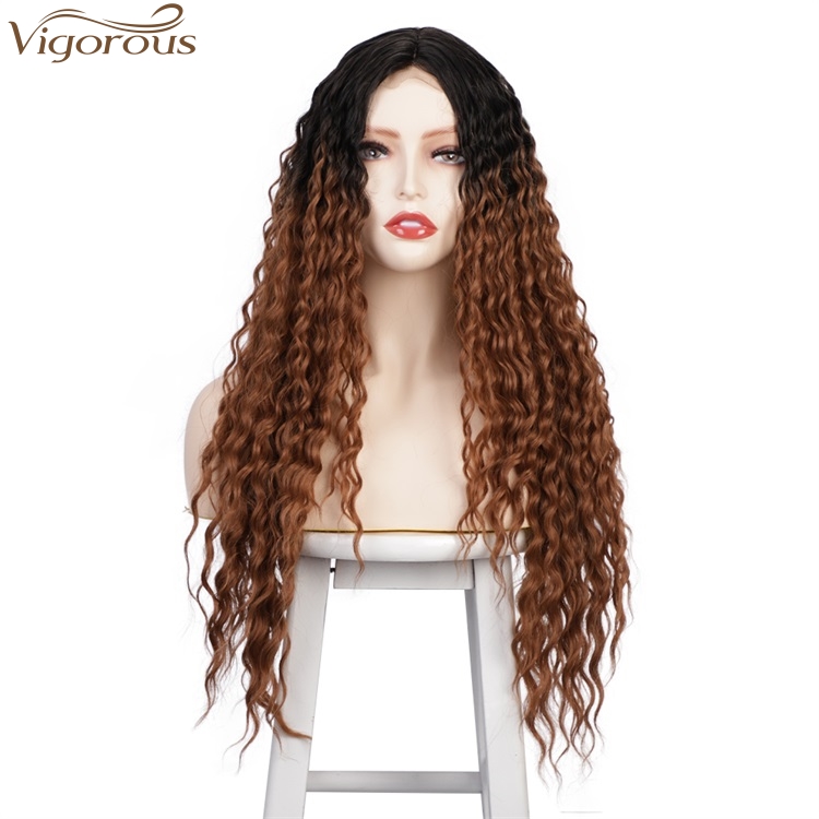 Vigorous Top Quality 30 Inches Long Kinky Curly Wigs For Women Natural Middle Part Wigs Ombre Brown Wavy Wigs