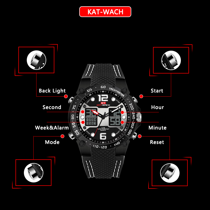 KAT WACH 717 Men Digital Quartz Watch Silicone Strap Sport WristWatches