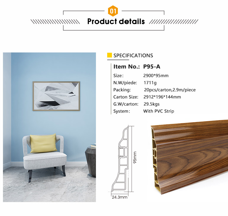 P95-A, RAITTO Hot Selling Rubber Skirting Board with PVC Strip