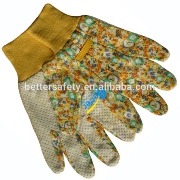 Women's Beautiful Flowered Cotton Canvas Hand Gloves With Mini Dots Palm