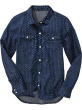 Girls Long Sleeve Polka-DOT Chambray Cotton Dotted Shirt