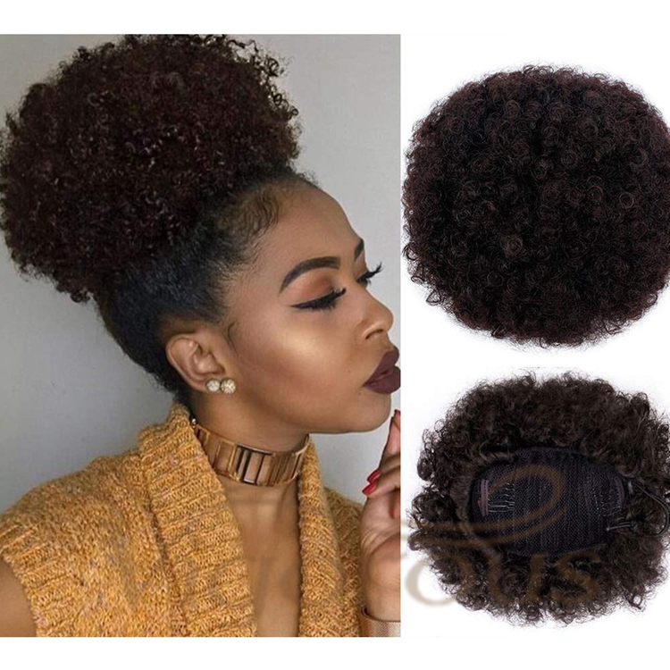 Customized Service Support Best Selling Brown Afro Curly Chignon Short Kinky Curly Hair Extensions For Black Women