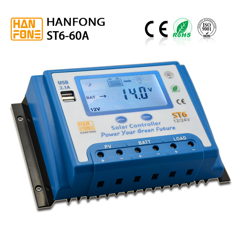 solar controller PWM solar controller 2 USB port 12/24v Automatic Switch 60A with blue display for home