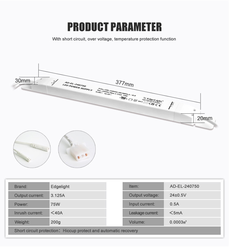 White Case AC 110V 220V to DC Power Supply Dimmable Led Driver 75w DC24V LED Transformer With 5 Years Warranty