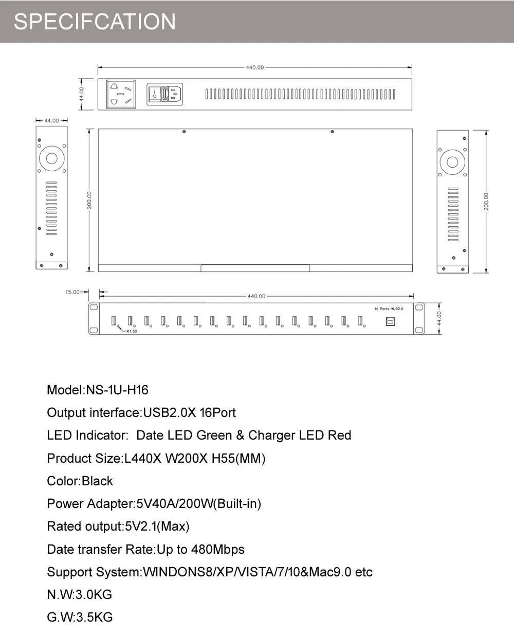 16 Port 1U Usb Data Charging Hub Splitter SPECIFCATION 16 Port 1U Usb Data Charging Hub Splitter SPECIFCATION