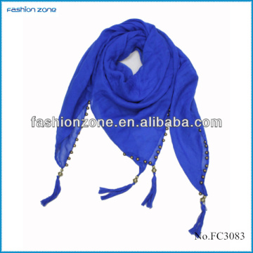 2014 polyester solid color fringe square scarf with beads