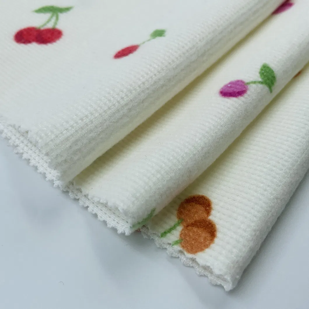 แปรงหน้าพิมพ์เชอร์รี่น่ารัก DTY ผ้าสแปนเด็กซ์วาฟเฟิลถักผ้าสำหรับตัดเย็บเสื้อผ้า