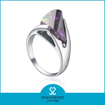 Rhodium plating amethyst single stone finger ring