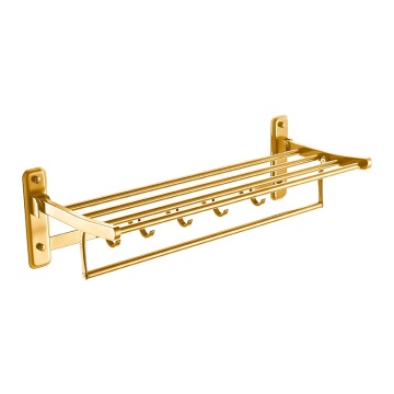 Folding Bathroom Wall Mounted Stainless steel Golden Towel rack Shelf with Removable Hooks  