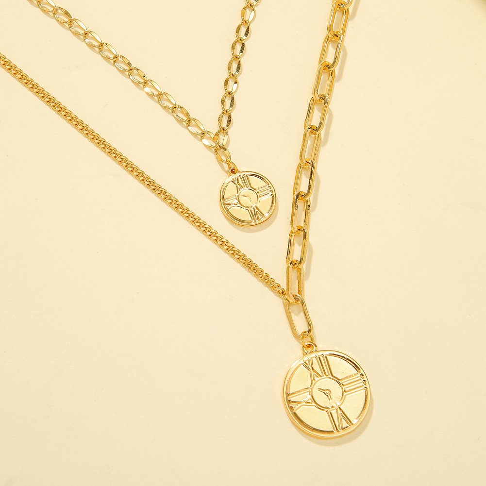 Double layer splice chain round pendant necklace clock roman digital pendant trend necklace wholesale