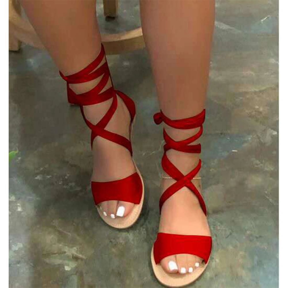 Wholesale Casual Solid Color Artificial Leather Upper Cheap Summer Strappy Flat Shoes Sexy Sandals for Women