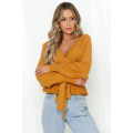 Women&#39;s V Neck Belted midje ruffle pullover topp