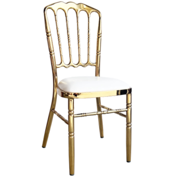 Hot Sale: Elegant Golden Electroplated Metal Frame Upholstered Chivari Wedding Chair - Stackable Gold Metal Banquet Chair