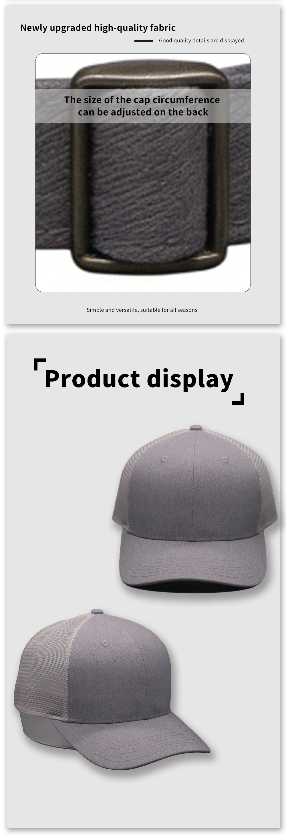 Серая бейсболка из хлопка и сетки из твила Gray Twill Cotton and Mesh Baseball Cap