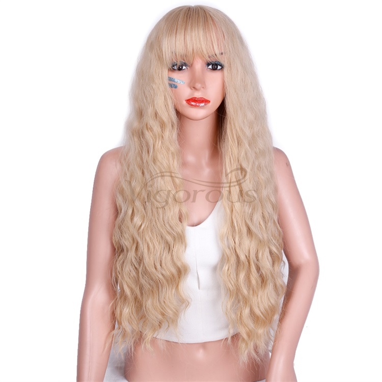 Vigorous 26 Inch Blonde 30-613 Color Long Wavy Wig with Bangs Glueless Synthetic Party Halloween Wigs