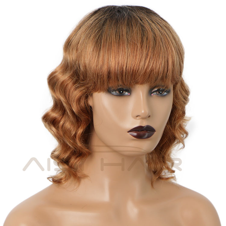 Aisi Hair Vendor Cheap Short Wavy Bob Hair With Bangs Ombre Brown Curly Brazilian Human Hair Wig