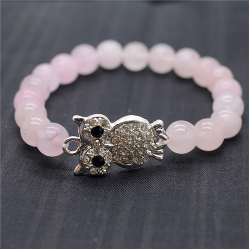 Bracelet de pierres précieuses extensibles avec perles rondes de quartz rose 8MM avec un morceau de hibou en alliage Diamante