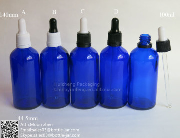 Wholesale 100ml big blue cosmetic glass bottle with dropper