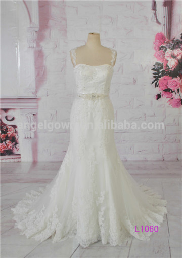 Mermaid strap wedding dress with lace strap and beading sash