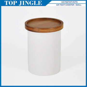 European White Ceramic Canister Or Jar With Bamboo Lid