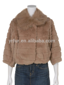 YR073 Ladies sheared rabbit fur coat with fox fur collar