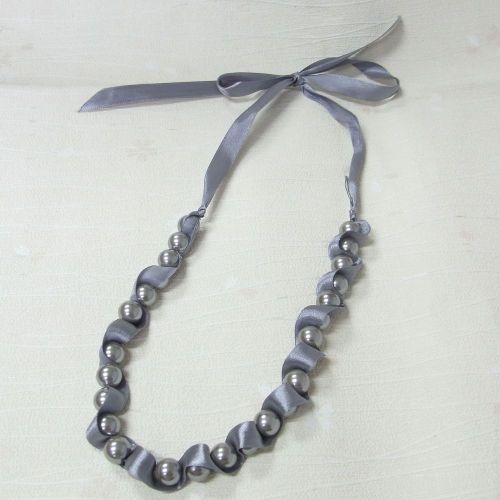 Custom Grey Pearl Charm Necklace with Ribbon