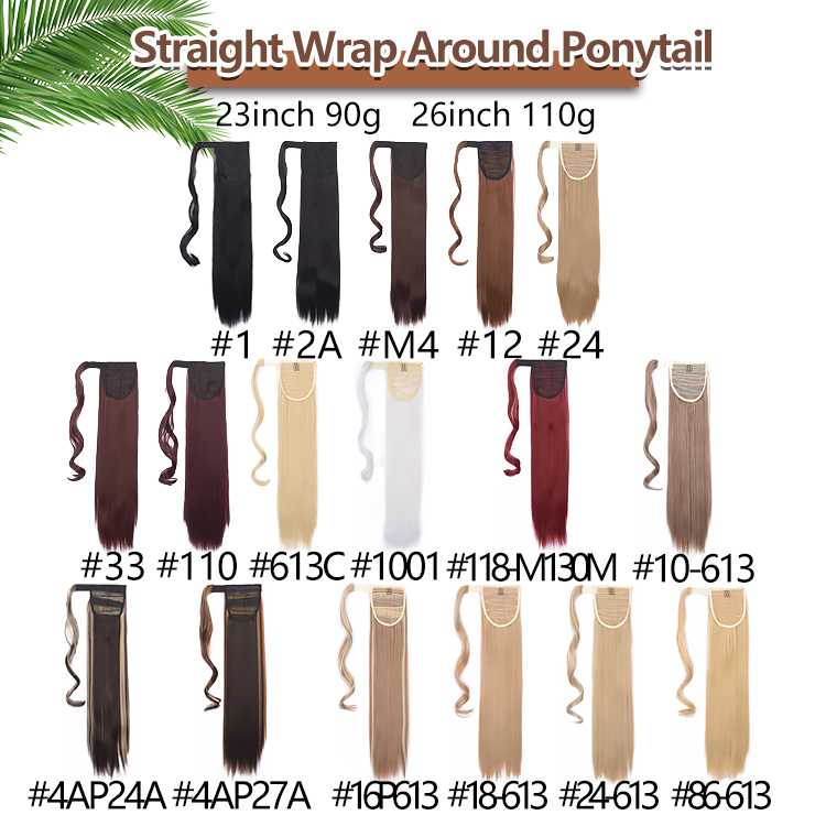 Factory wholesale synthetic 26" 66cm wrap around ponytail pony tails straight instant wrap extensions yaki ponytail hair