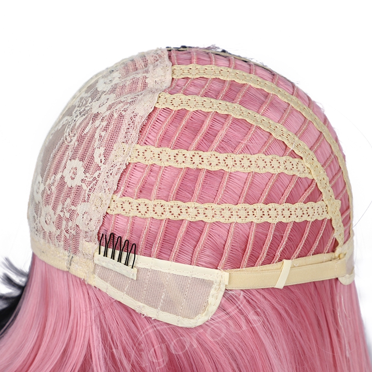 Black And Pink Girl's Colorful Hair Short Straight Wave Wigs With Bangs For Women Synthetic None Lace Bob Wig Shoulder Length