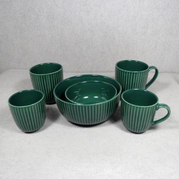 Stoneware Bowl and Mugs Green