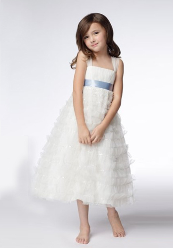 A-line Wide Straps Tea-length Organza Sequins Flower Girl Dresses