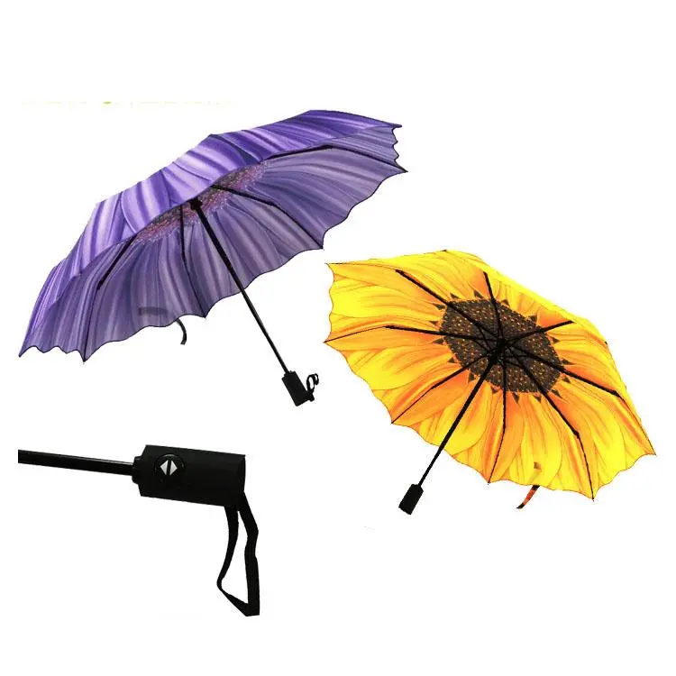 Auto Open and Close 3 Foldable 190t Pongee Irregular Sunflower Umbrella