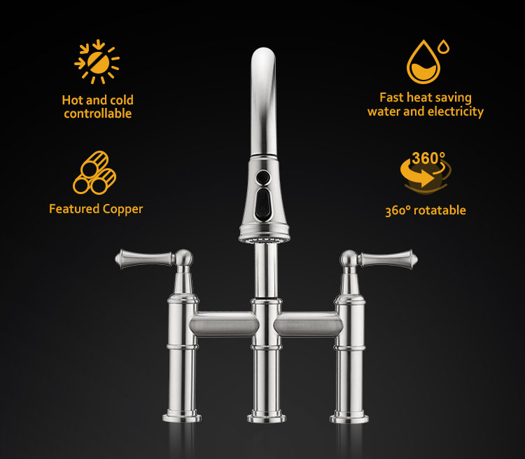 Custom Deck mounted Nickel Brushed Brass Touch Bridge Double Handle Two Lever Pull Down Kitchen Faucet with Sprayer
