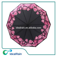 Auto open 3 fold heat transfer print flower rose umbrella