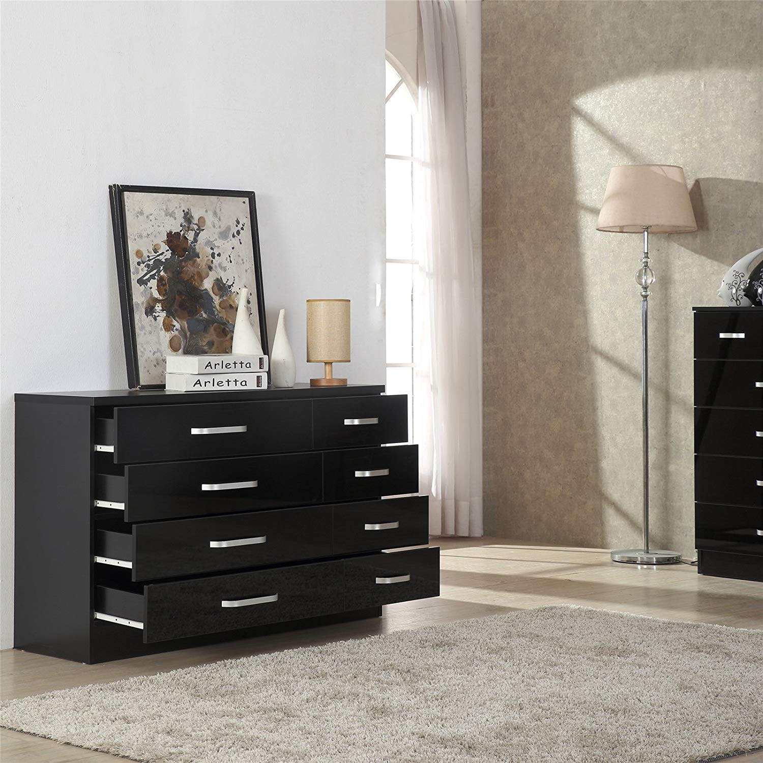 Black High Gloss Tall 8 Drawers Chest 